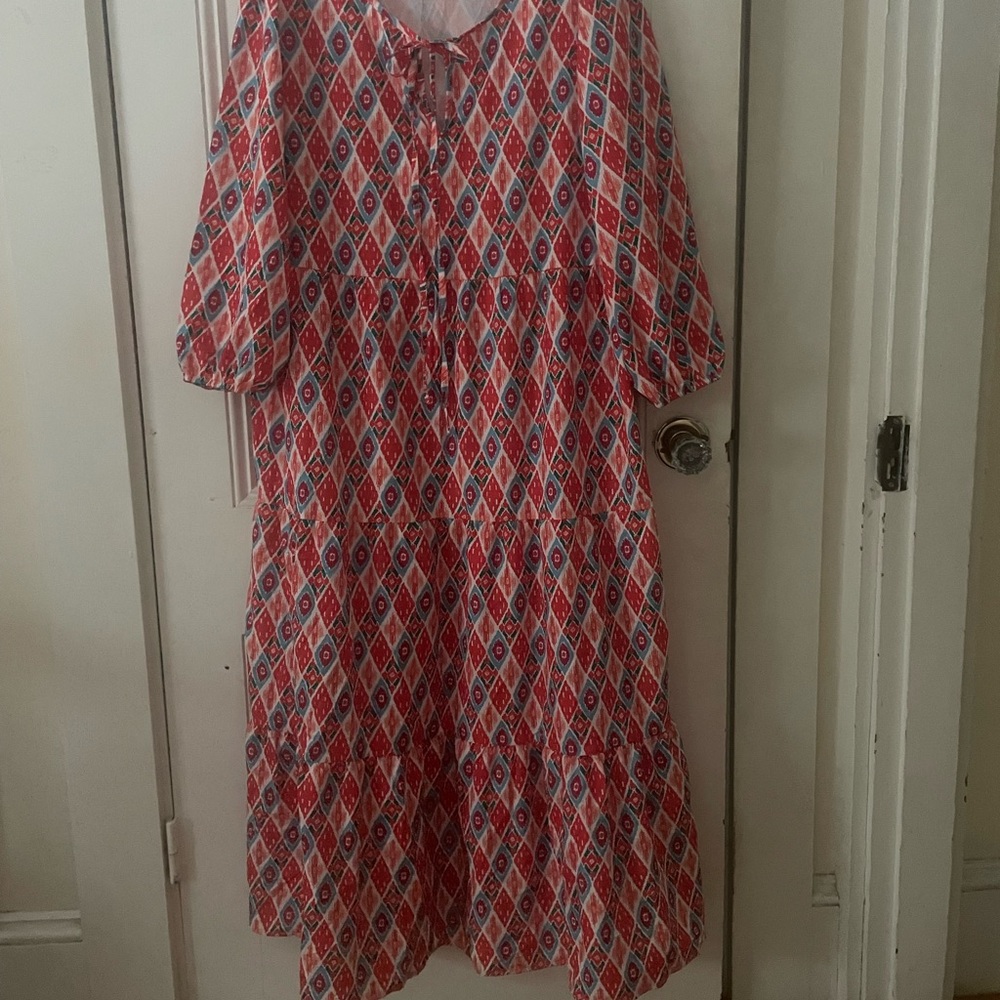 Amazon Red and White V-Neck Sundress with Bishop Sleeves